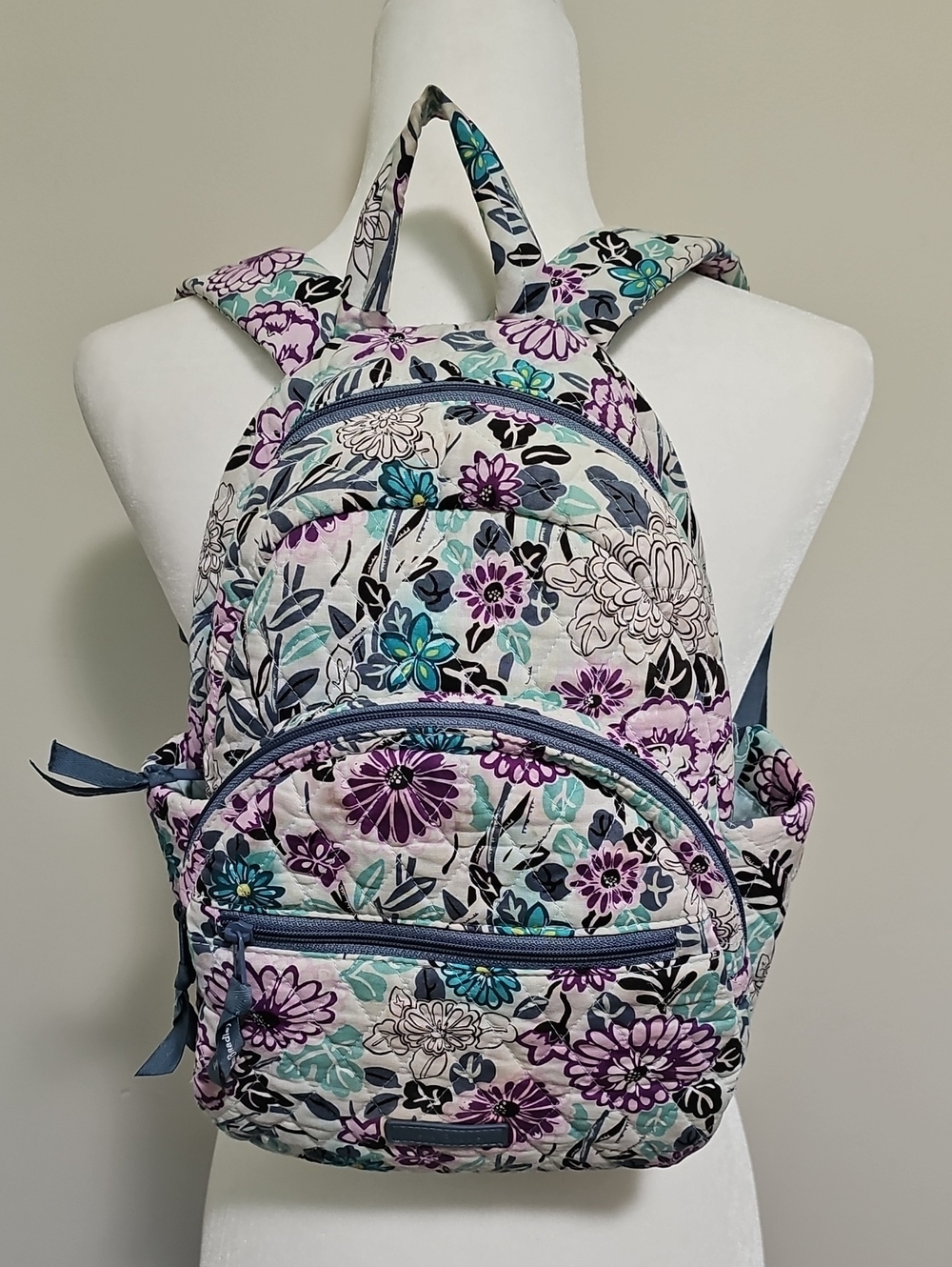 Vera Bradley Quilted Floral Mini Backpack in Purple, Teal & White